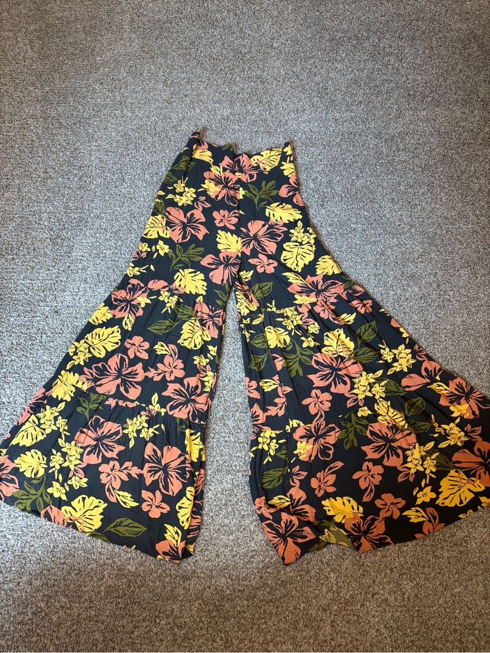 Free People Women Large Floral Print Tiered Wide Leg Pants Vacation Tropical - Picture 7 of 12
